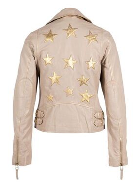 LIKE NEW MAURITIUS Women's Beige Leather Jacket with Gold Star Embellishments